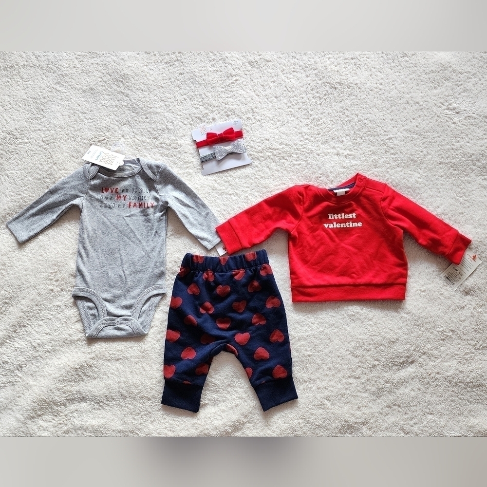 New baby girl's Valentine's day clothes bundle size 0/3 months Oncie Outfit Bows